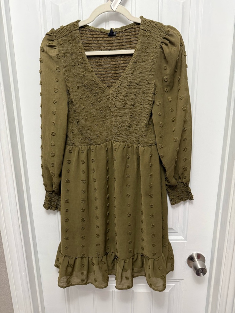 Maggeer Swiss Dot V Neck Olive Long Sleeve Mini Dress Size M ( 33-12)